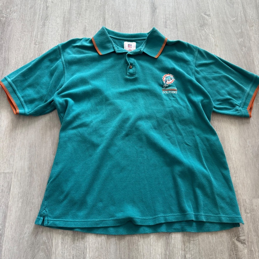 NFL Miami Dolphins Polo Shirt Mens Large Teal Orange Embroidered Logo Pique Knit